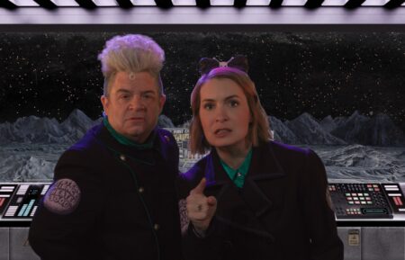 Patton Oswalt as Max Felicia Day as Kinga Forrester in Mystery Science Theater 3000