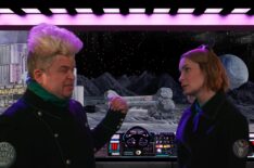 Patton Oswalt as Max and Felicia Day as Kinga Forrester in Mystery Science Theater 3000