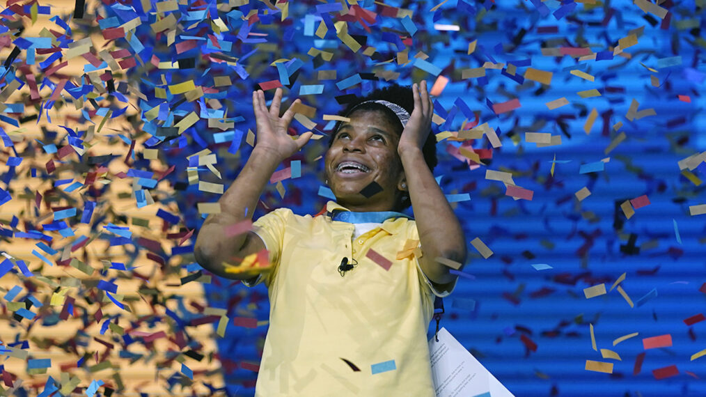 Zaila Avant-garde, 14, from Harvey, Louisiana is covered with confetti as she celebrates winning the finals of the 2021 Scripps National Spelling Bee at Disney World Thursday, July 8, 2021, in Lake Buena Vista, Fla. (AP Photo/John Raoux)