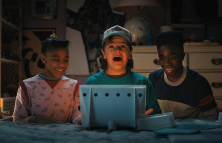 Priah Ferguson, Gaten Matarazzo and Caleb McLaughlin in Stranger Things 4