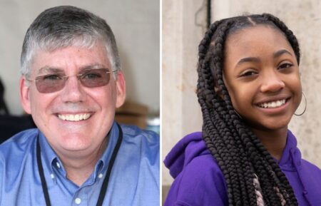 'Percy Jackson' author Rick Riordan (L) and actor Leah Sava Jeffries (right)