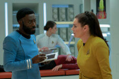 Babs Olusanmokun as M’Benga and Rebecca Romijn as Una in Star Trek Strange New Worlds