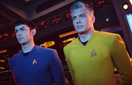 Ethan Peck as Spock and Anson Mount as Pike in Star Trek Strange New Worlds