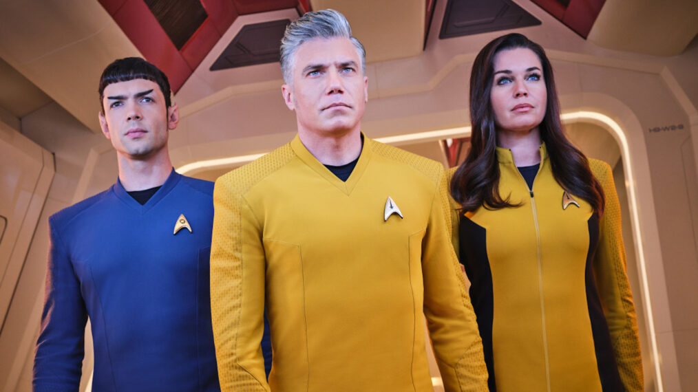 Ethan Peck as Spock, Anson Mount as Pike and Rebecca Romijn as Una in Star Trek Strange New Worlds