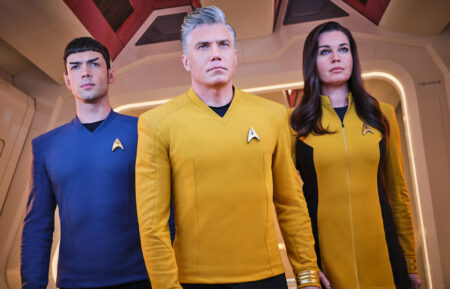 Ethan Peck as Spock, Anson Mount as Pike and Rebecca Romijn as Una in Star Trek Strange New Worlds