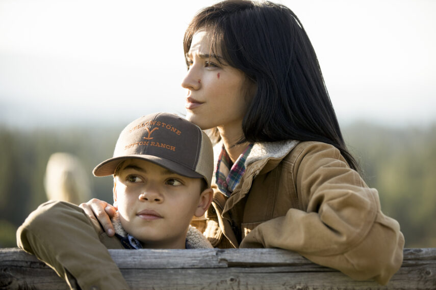 Brecken Merrill as Tate, Kelsey Asbille as Monica in Yellowstone