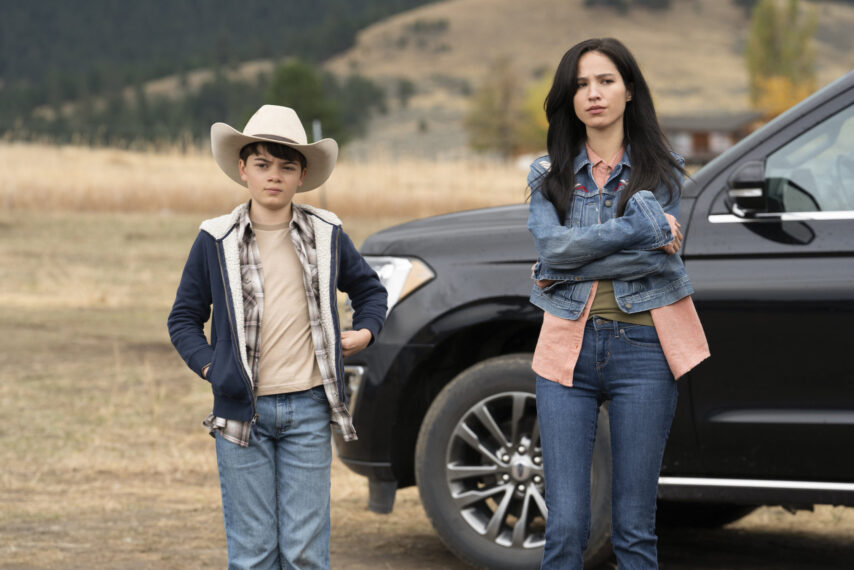 Brecken Merrill as Tate, Kelsey Asbille as Monica in Yellowstone