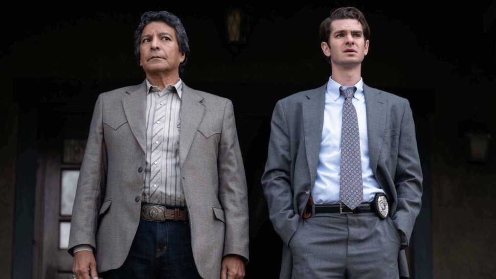 Gil Birmingham as Bill Taba, Andrew Garfield as Jeb Pyre in Under the Banner of Heaven