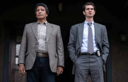 Gil Birmingham as Bill Taba, Andrew Garfield as Jeb Pyre in Under the Banner of Heaven