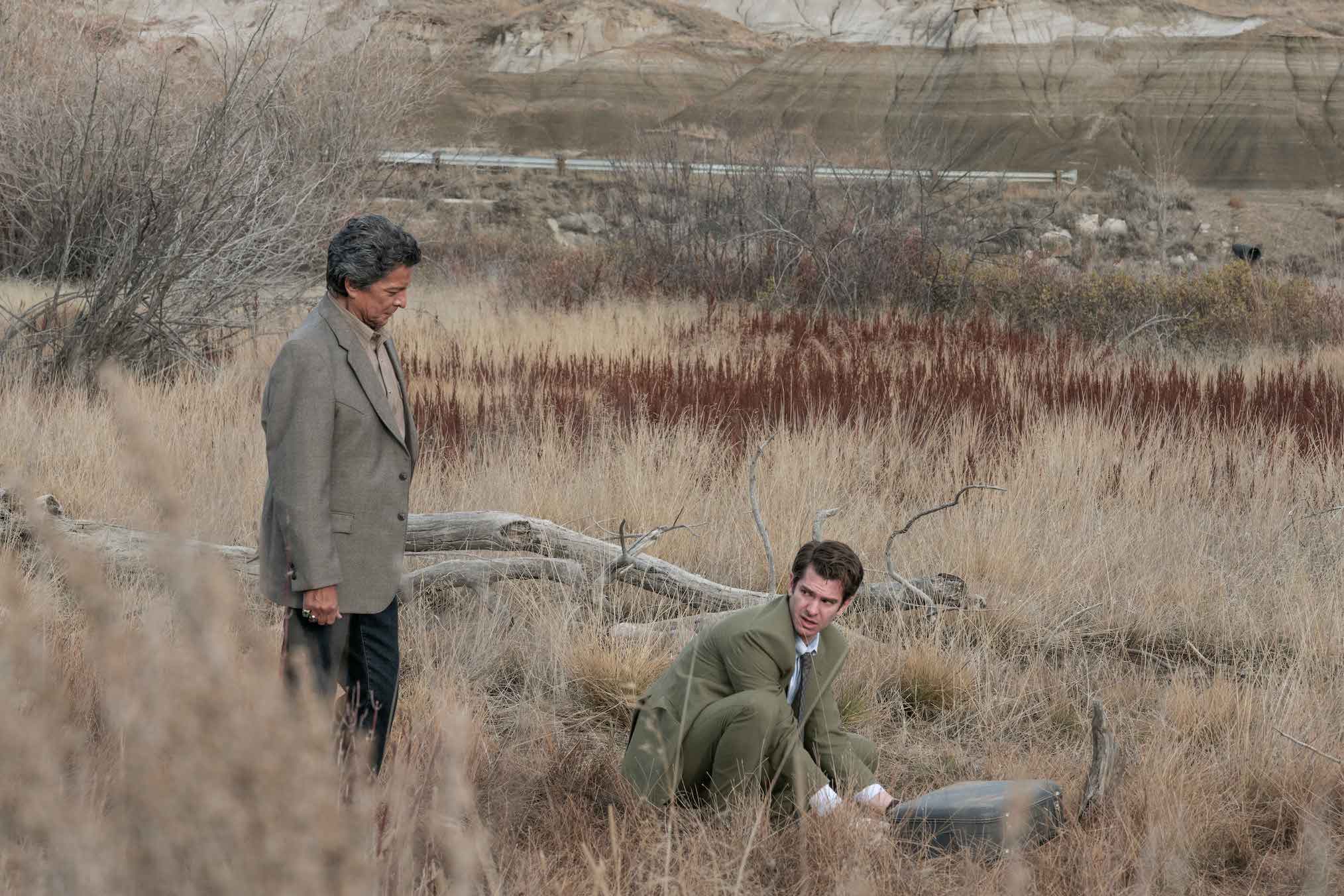 Gil Birmingham as Bill Taba, Andrew Garfield as Jeb Pyre in Under the Banner of Heaven