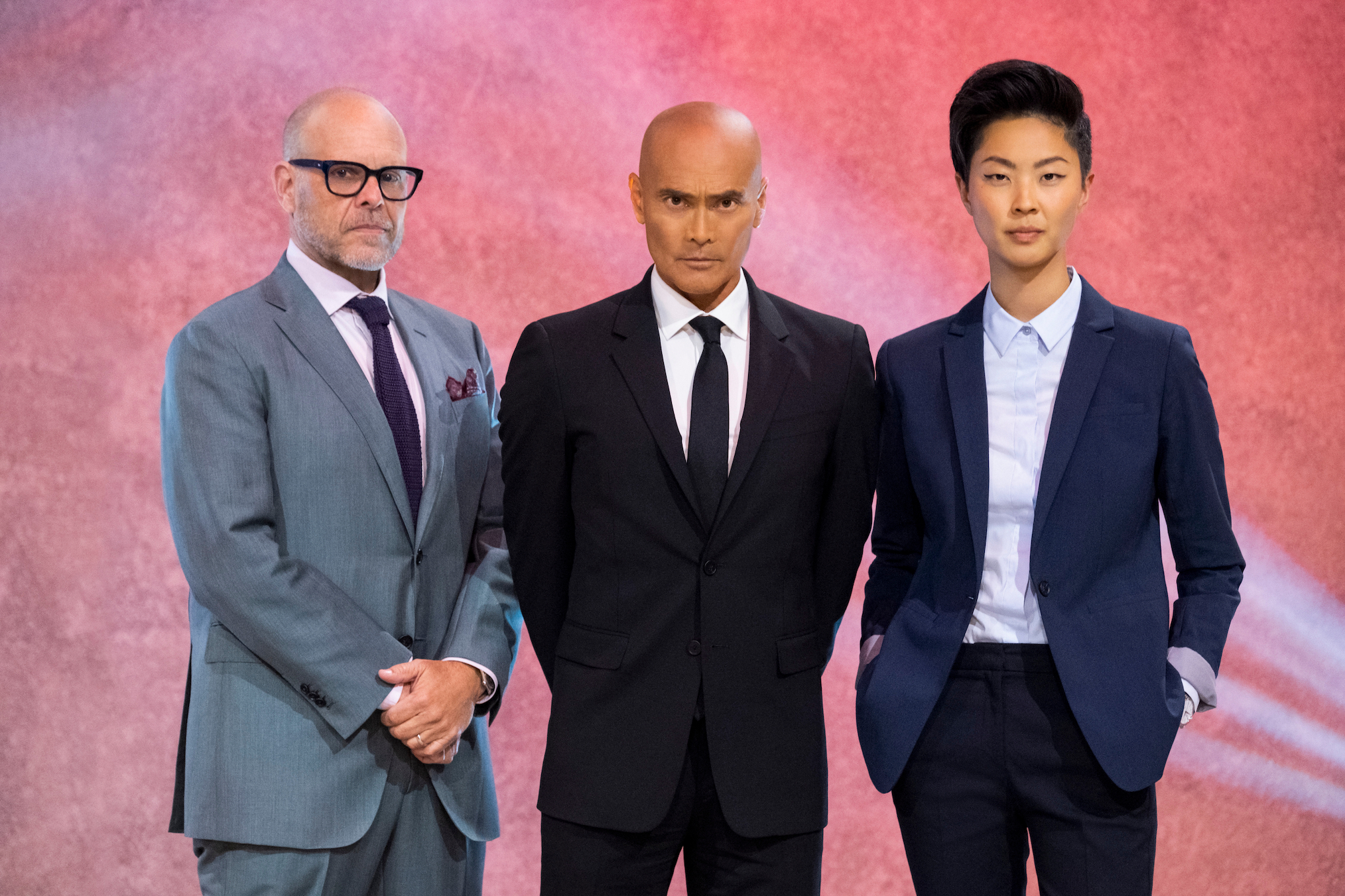 (L to R) Alton Brown, Mark Dacascos. Kristen Kish in 'Iron Chef: Quest for an Iron Legend' on Netflix