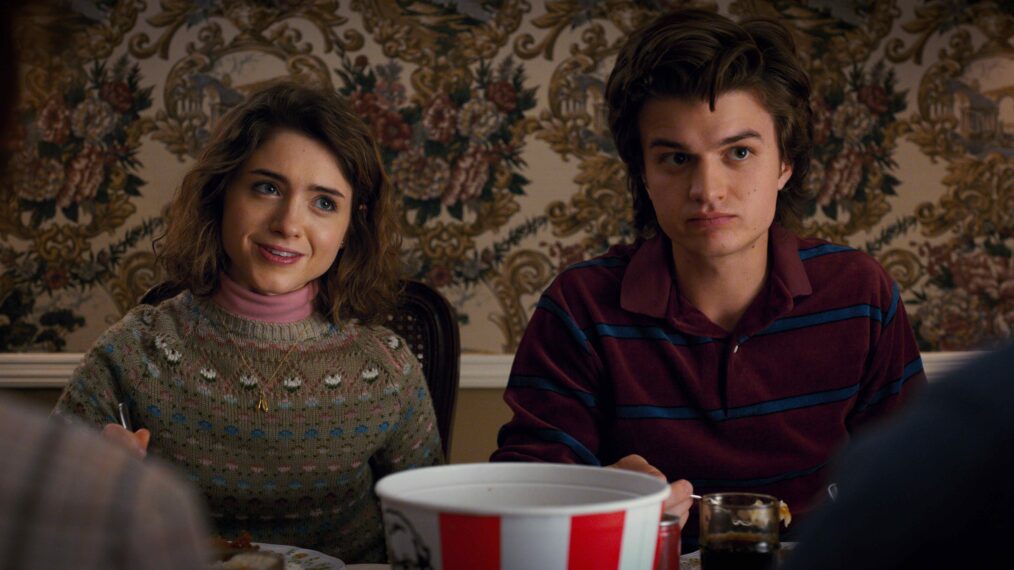 Natalia Dyer as Nancy Wheeler and Joe Keery as Steve Harrington in Stranger Things