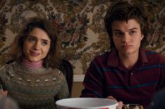 Natalia Dyer as Nancy Wheeler and Joe Keery as Steve Harrington in Stranger Things