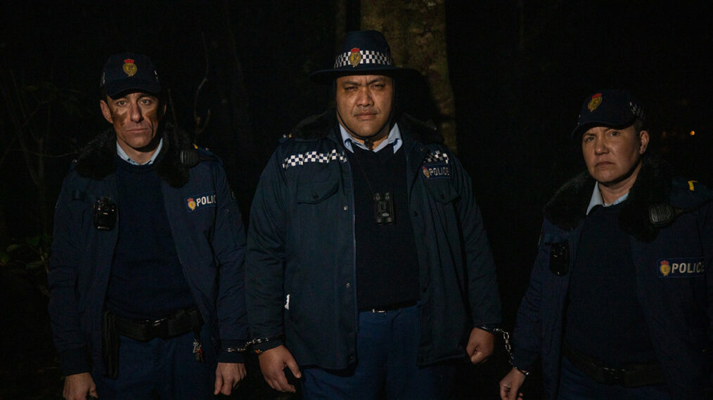 Mike Minogue as Officer Minogue, Maaka Pohatu as Sgt. Maaka, and Karen O'Leary as Officer O’Leary in Wellington Paranormal - 'Te Maero'