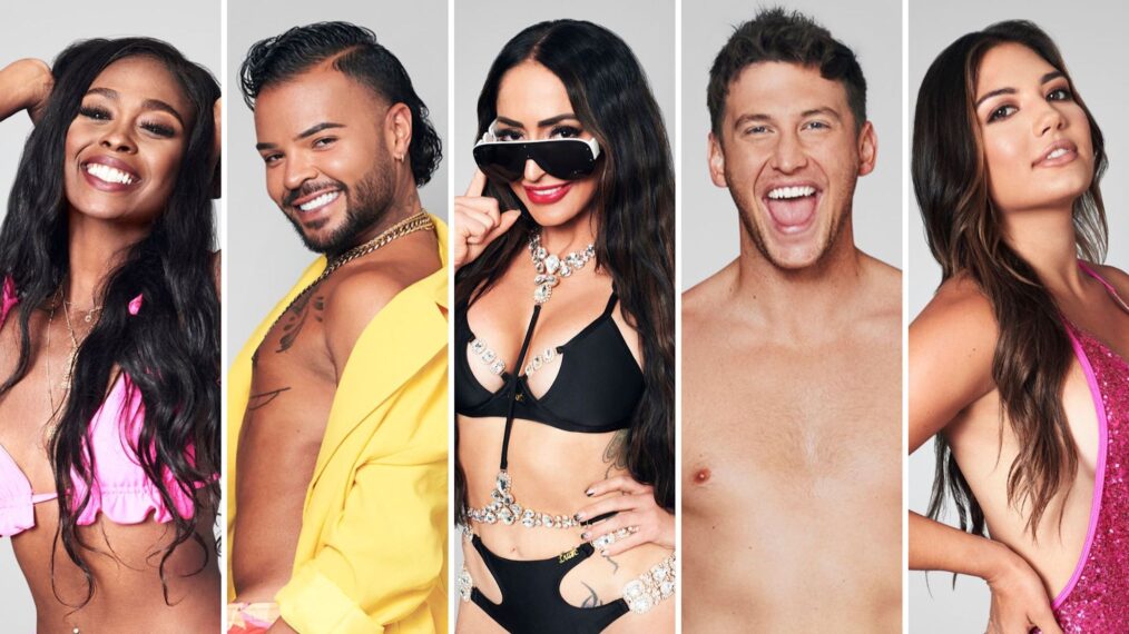 (L-R) Trina Njororage, Vanessa Vanjie Mateo, Angelina Pivarnick, Blake Horstmann, and Giannina Gibelli from MTV's 'All Star Shore'