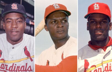 (L-R) St. Louis Cardinals players Bill White, Curt Flood, and Bob Gibson