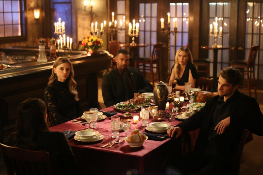 Danielle Rose Russell as Hope, Riley Voelkel as Freya, Charles Michael Davis as Marcel, Claire Holt as Rebekah, and Nathaniel Buzolic as Kol in Legacies