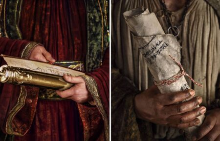 Edward Charles as Celebrimbor and Lenny Henry as Sadoc Burrows in 'The Lord of the Rings: The Rings of Power' hands posters