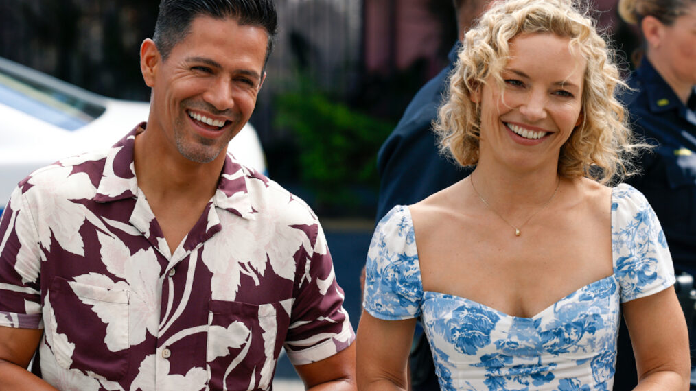 Jay Hernandez as Thomas Magnum and Perdita Weeks as Juliet Higgins in Magnum PI