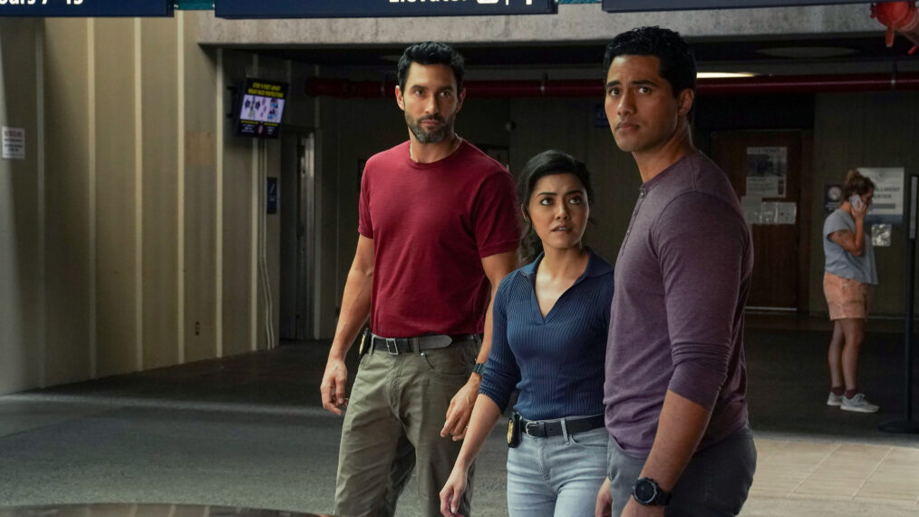 Noah Mills as Jesse, Yasmine Al-Bustami as Lucy Tara, and Alex Tarrant as Kai Holman in NCIS Hawai'i