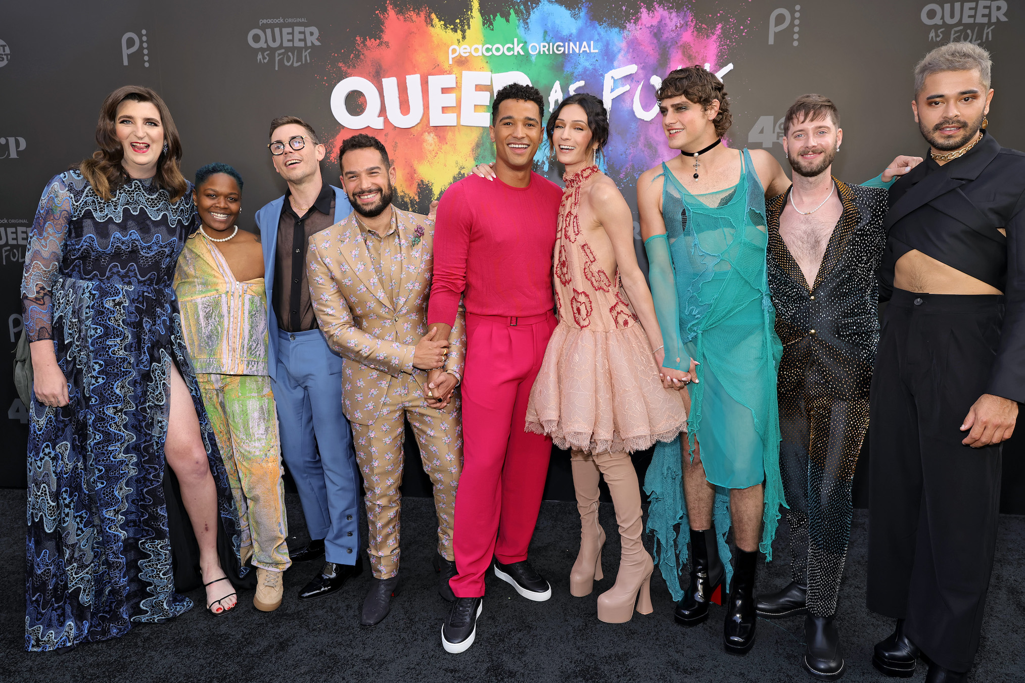 Jaclyn Moore, CG, Ryan O'Connell, Johnny Sibilly, Devin Way, Jesse James Keitel, Fin Argus, Stephen Dunn, and Chris Renfro attend Peacock's "Queer As Folk" World Premiere Event