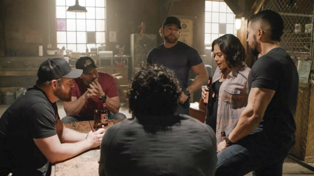 AJ Buckley as Sonny Quinn, David Boreanaz as Jason Hayes, Max Thieriot as Clay Spenser, Toni Trucks as Lisa Davis, and Neil Brown Jr. as Ray Perry in SEAL Team