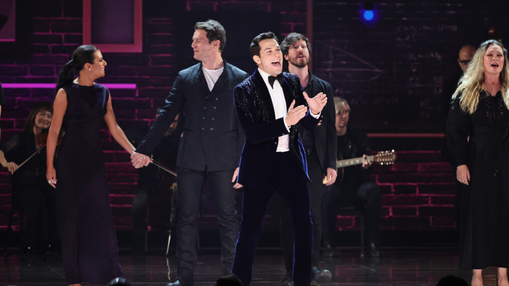 Lea Michele, Jonathan Groff, Skylar Astin, and John Gallagher Jr. perform with the original cast of 