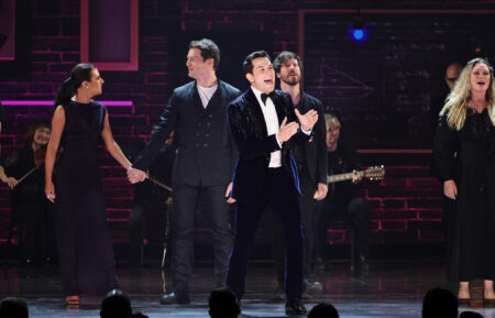 Lea Michele, Jonathan Groff, Skylar Astin, and John Gallagher Jr. perform with the original cast of 