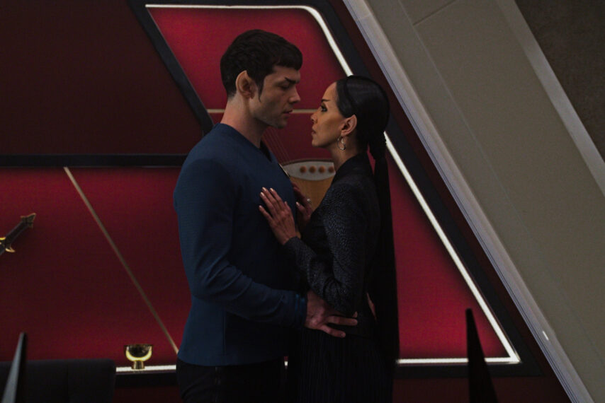 Ethan Peck as Spock and Gia Sandhu as T'Pring in Star Trek Strange New Worlds