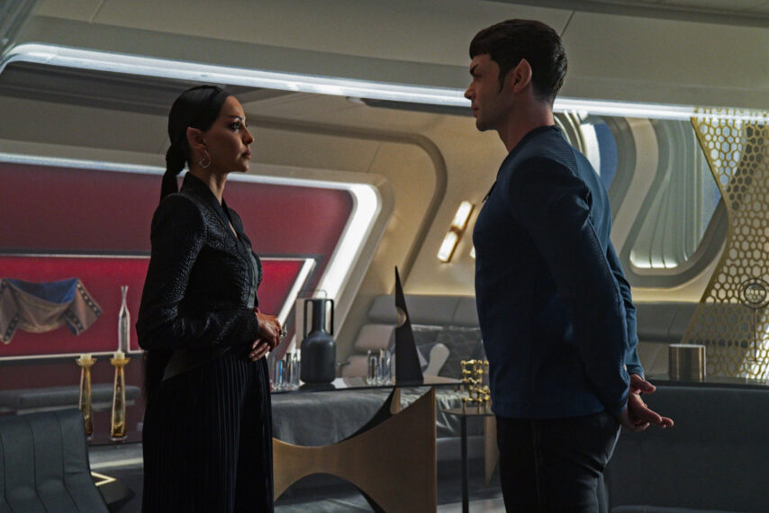 Gia Sandhu as T'Pring and Ethan Peck as Spock in Star Trek Strange New Worlds