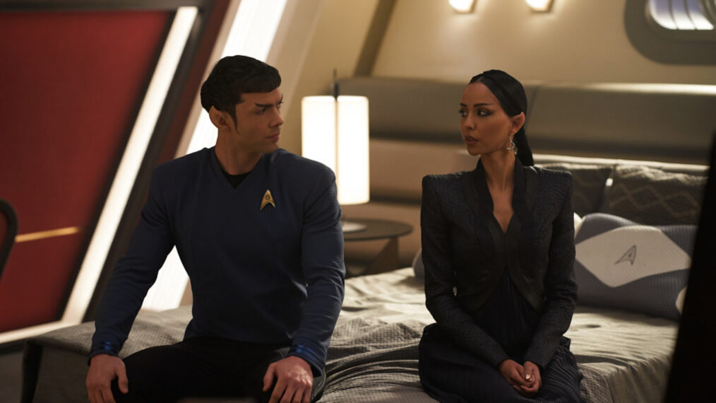 Ethan Peck as Spock and Gia Sandhu as T'Pring in Star Trek Strange New Worlds