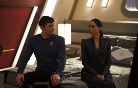 Ethan Peck as Spock and Gia Sandhu as T'Pring in Star Trek Strange New Worlds