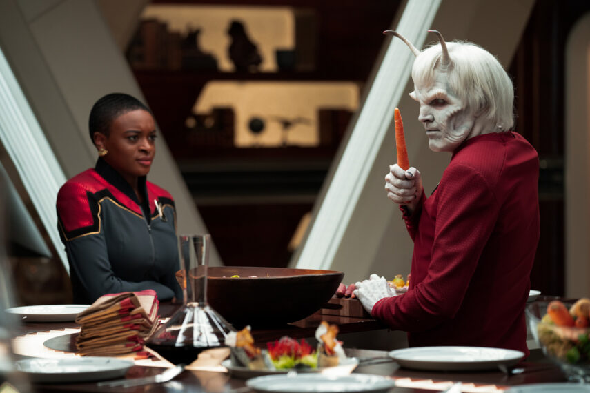 Celia Rose Gooding as Uhura and Bruce Horak as Hemmer in Star Trek: Strange New Worlds