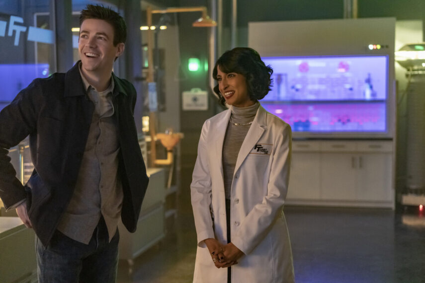 Grant Gustin as Barry Allen and Kausar Mohammed as Dr. Meena Dhawan in The Flash
