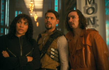 Emmy Raver-Lampman as Allison Hargreeves, David Castañeda as Diego Hargreeves, Robert Sheehan as Klaus Hargreeves in The Umbrella Academy