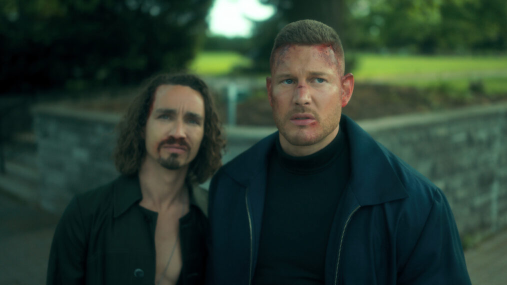 the umbrella academy season 3, robert sheehan as klaus, tom hopper as luther