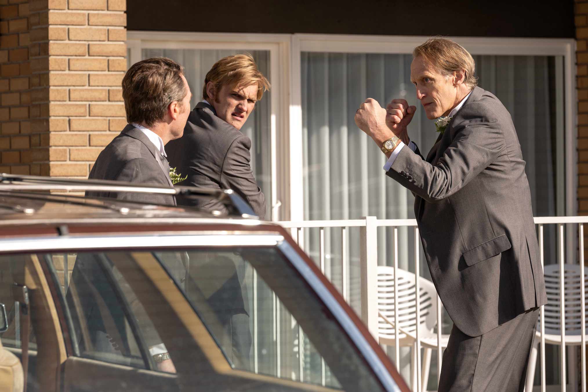 Sam Worthington as Ron Lafferty, Wyatt Russell as Dan Lafferty, Christopher Heyerdahl as Watson Lafferty in Under the Banner of Heaven