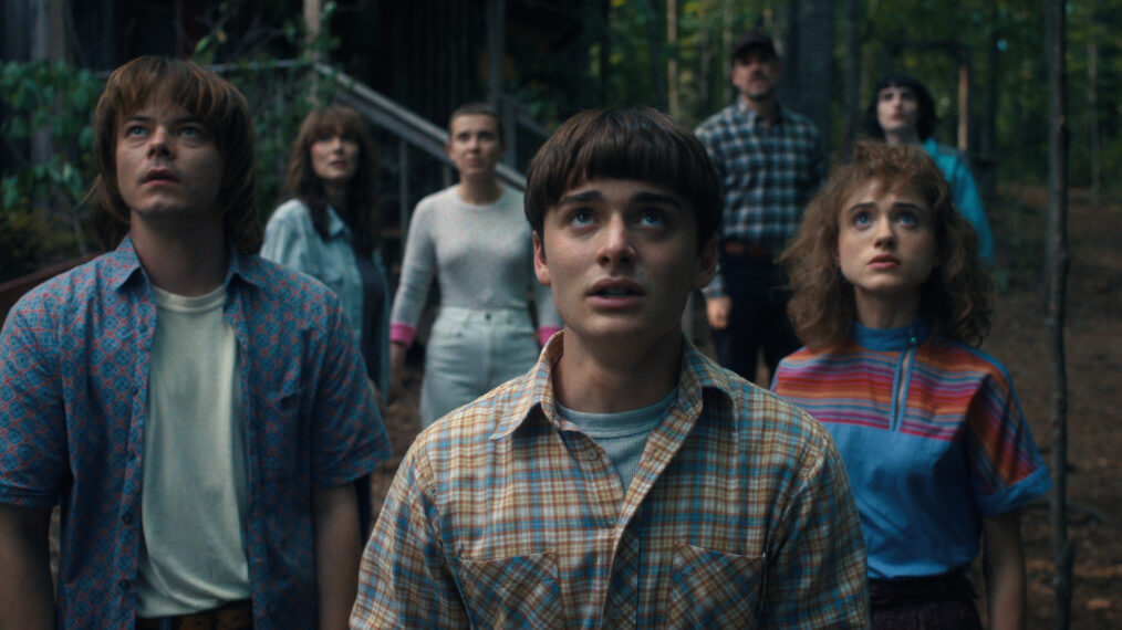 Charlie Heaton as Jonathan Byers, Winona Ryder as Joyce Byers, Millie Bobby Brown as Eleven, Noah Schnapp as Will Byers, David Harbour as Jim Hopper, Natalia Dyer as Nancy Wheeler, and Finn Wolfhard as Mike Wheeler.