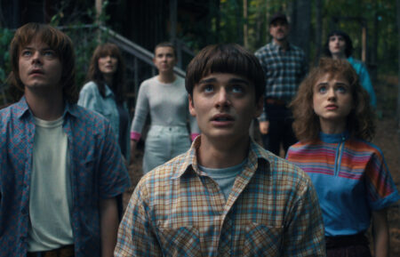 Charlie Heaton as Jonathan Byers, Winona Ryder as Joyce Byers, Millie Bobby Brown as Eleven, Noah Schnapp as Will Byers, David Harbour as Jim Hopper, Natalia Dyer as Nancy Wheeler, and Finn Wolfhard as Mike Wheeler.