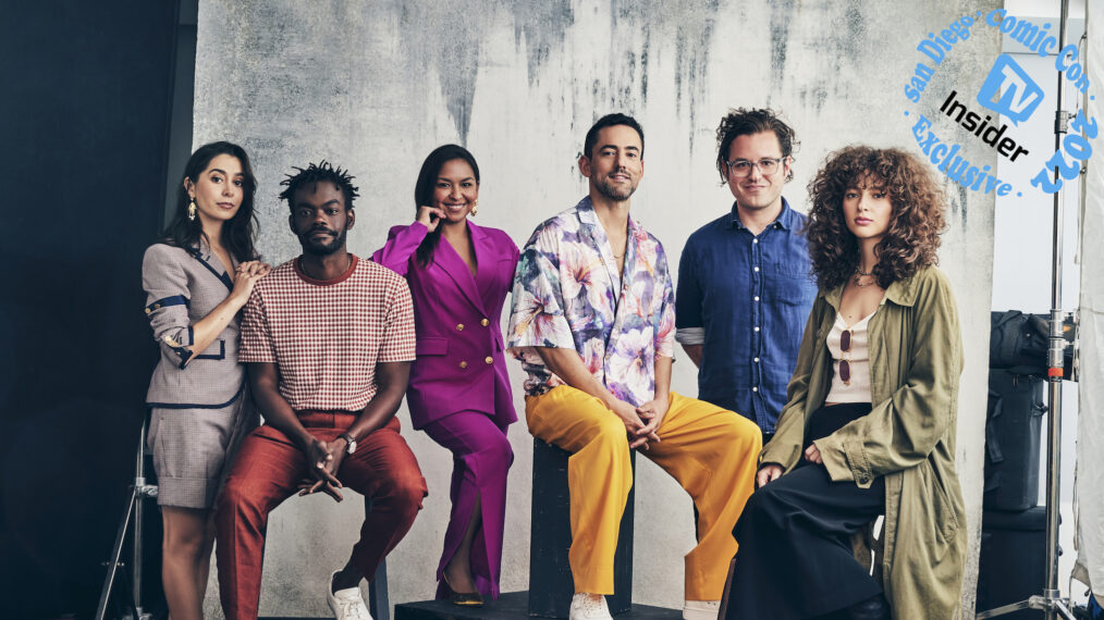 The Resort's Cristin Milioti, William Jackson Harper, Gabriela Cartol, Luis Gerardo Méndez, Andy Siara, and Nina Bloomgarden at TV Insider's SDCC portrait studio