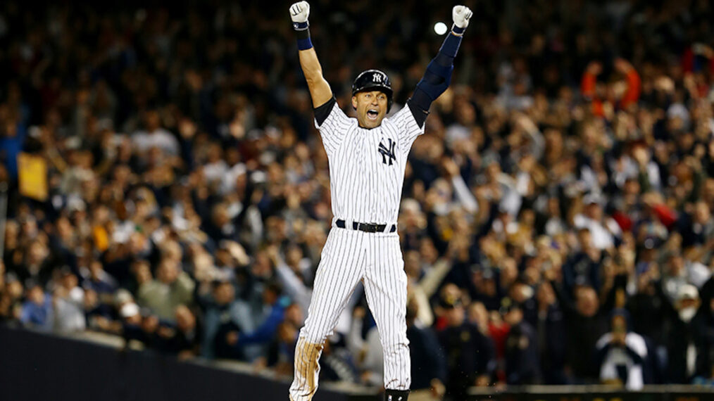 Derek Jeter #2 of the New York Yankees celebrates after a game winning RBI hit in the ninth inning against the Baltimore Orioles in his last game ever at Yankee Stadium on September 25, 2014 in the Bronx borough of New York City