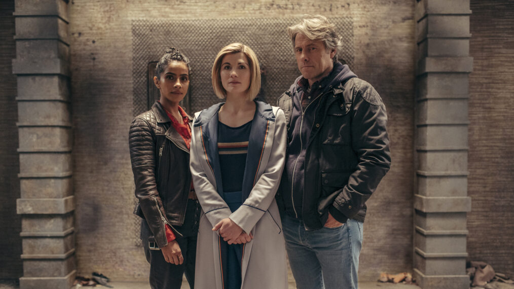 Mandip Gill as Yasmin Khan, Jodie Whittaker as The Doctor, John Bishop as Dan in Doctor Who