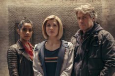 Mandip Gill as Yasmin Khan, Jodie Whittaker as The Doctor, John Bishop as Dan in Doctor Who