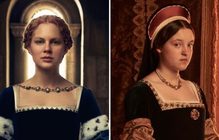 Alicia von Rittberg (L) as Princess Elizabeth and Bella Ramsey (R) as Jane Grey in Starz's 'Becoming Elizabeth'