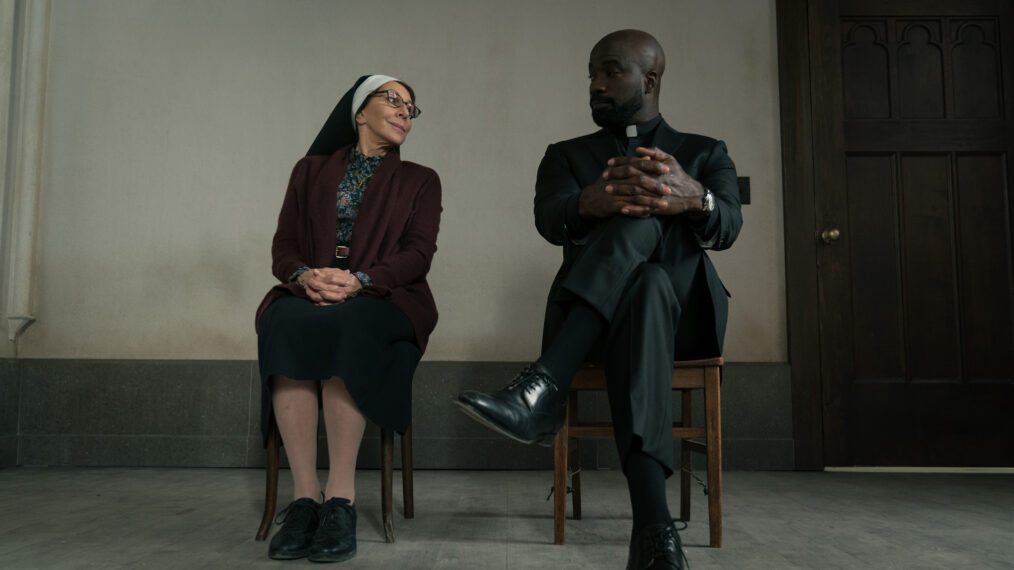 Andrea Martin as Sister Andrea and Mike Colter as David Acosta in Evil