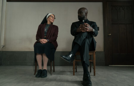Andrea Martin as Sister Andrea and Mike Colter as David Acosta in Evil