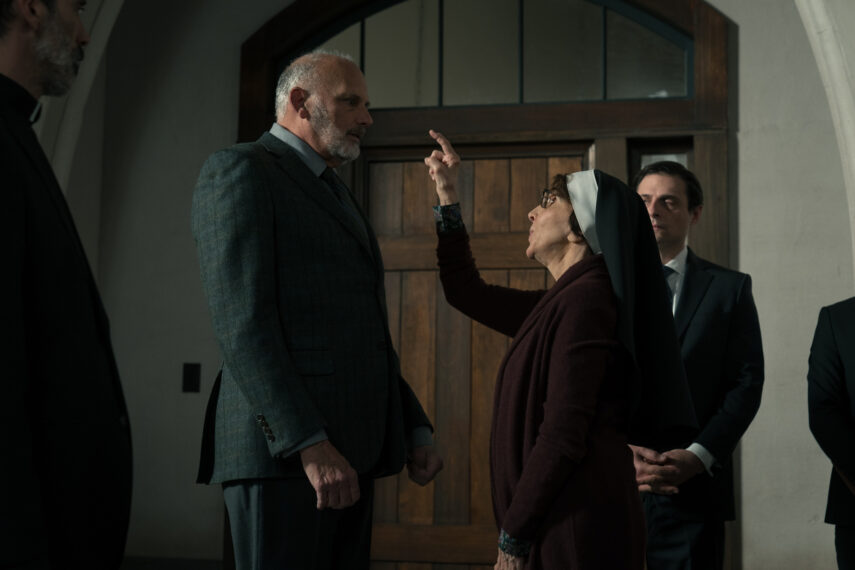 Anthony DeSando as Father Katagas, Kurt Fuller as Dr. Kurt Boggs, and Andrea Martin as Sister Andrea in Evil