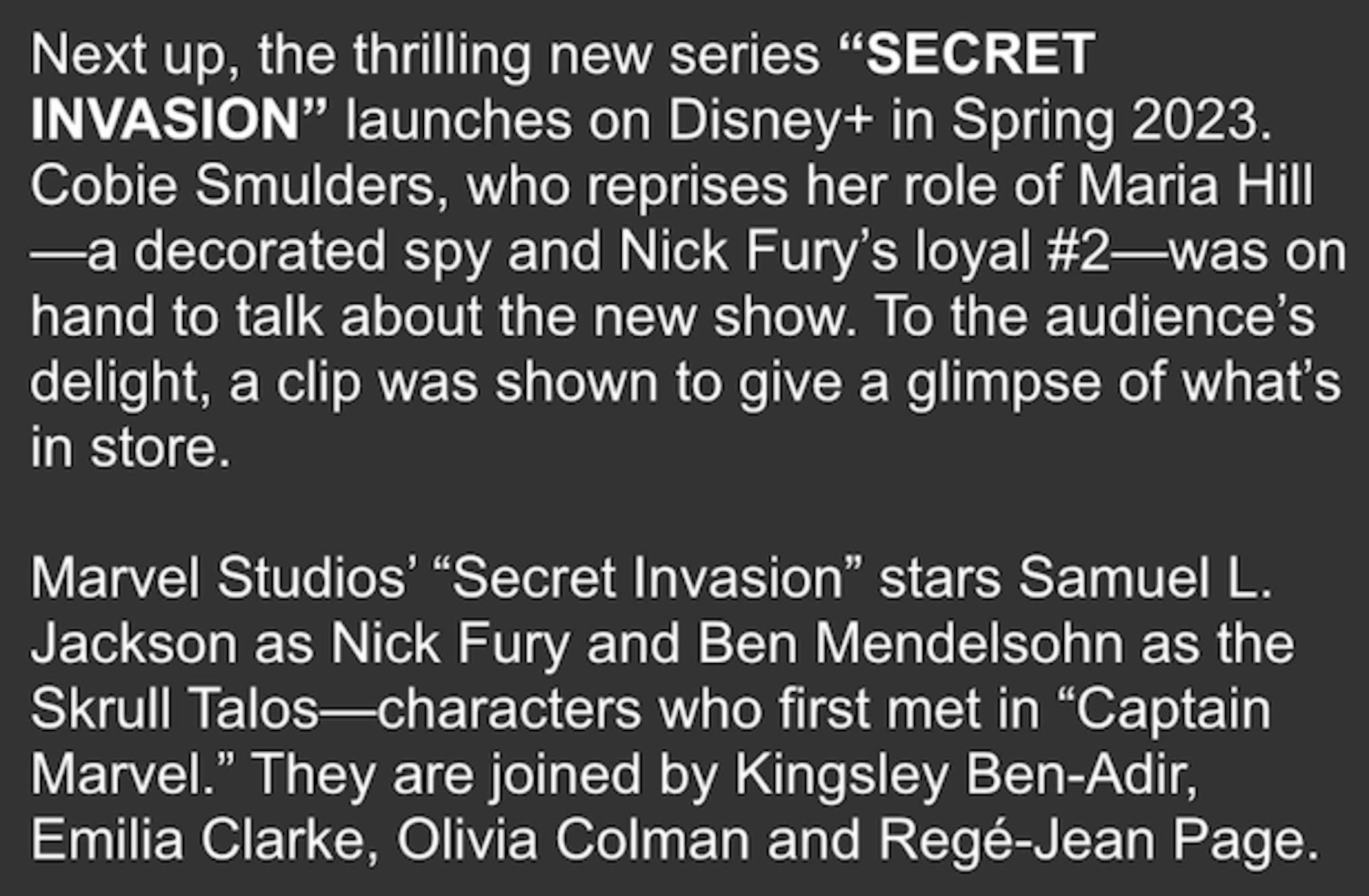 A screenshot from Marvel's Comic-Con press release listing the Secret Invasion cast. Regé-Jean Page's name is included at the end in error.