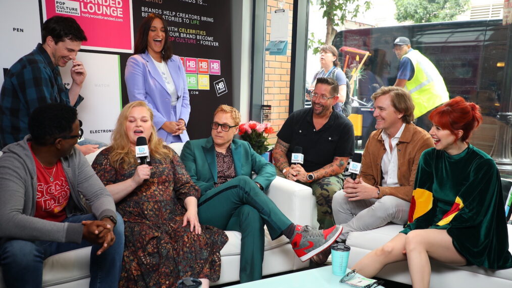 Resident Alien’s Corey Reynolds, Levi Fiehler, Elizabeth Bowen, Sara Tomko, Alan Tudyk, executive producer and showrunner Chris Sheridan, and Alice Wetterlund