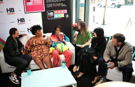 Rings of Power cast Sophia Nomvete, Dylan Smith, Charlie Vickers, Markella Kavenaugh, and Tyroe Muhafidin at TV Insider's SDCC 2022 booth